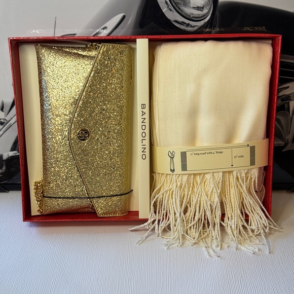 Bandolino Glittering Gold Crossbody/ Clutch and Soft Knit Scarf Box Set - Picture 2 of 11